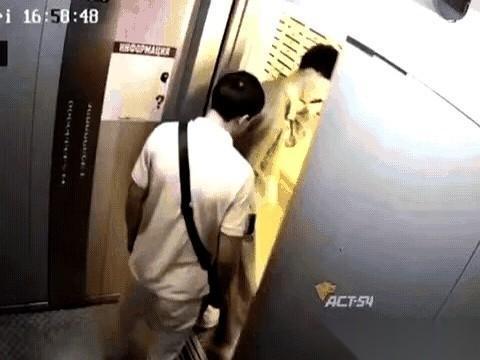 电梯门刚向两边滑开，一条狗猛地探出身子，直冲迎面走出的两位大哥扑了过去。走在前