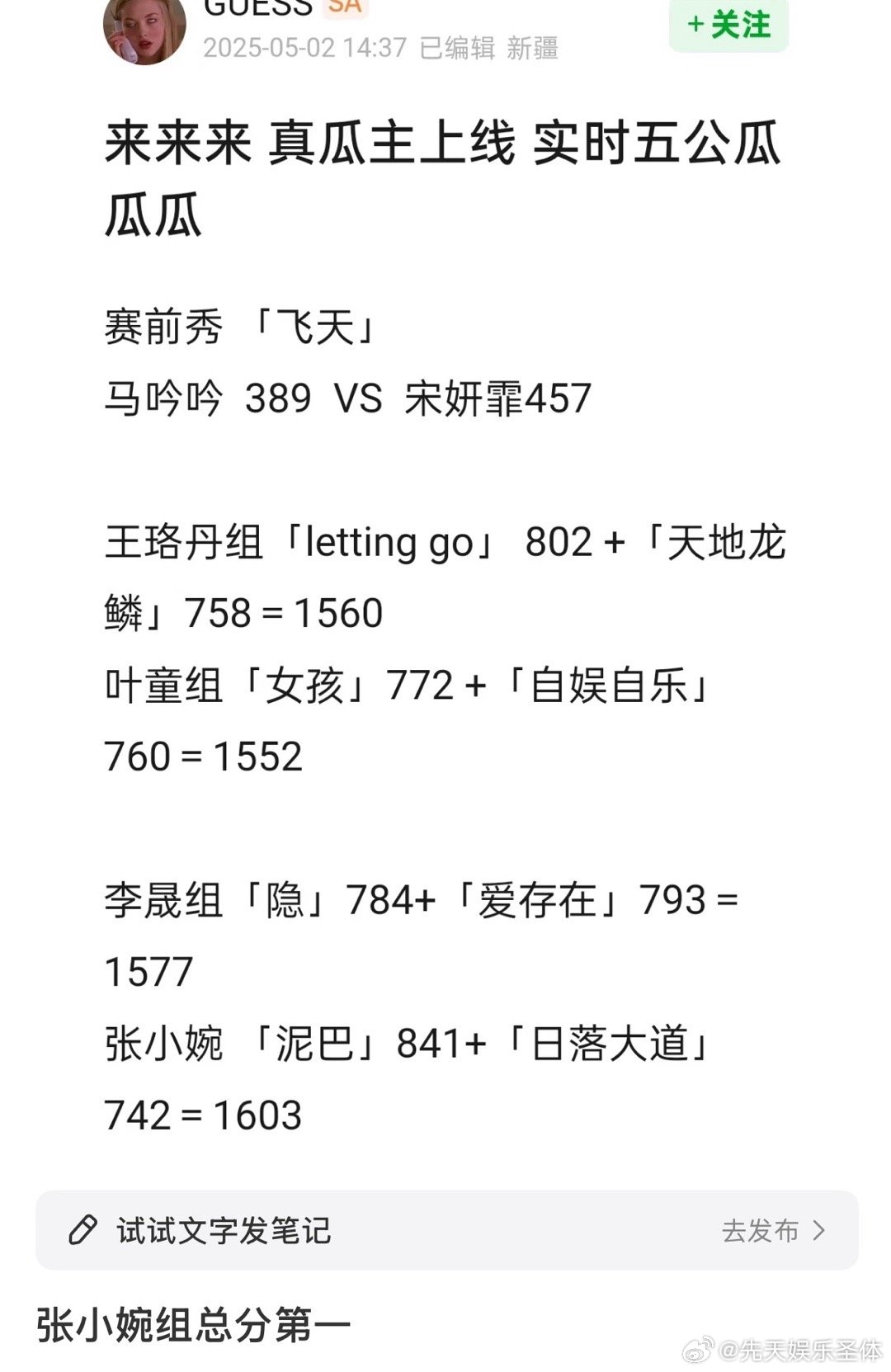 浪姐五公录制结果浪姐五公录制结果出来了🈶张小婉团全场总分第一！乘风2025五公