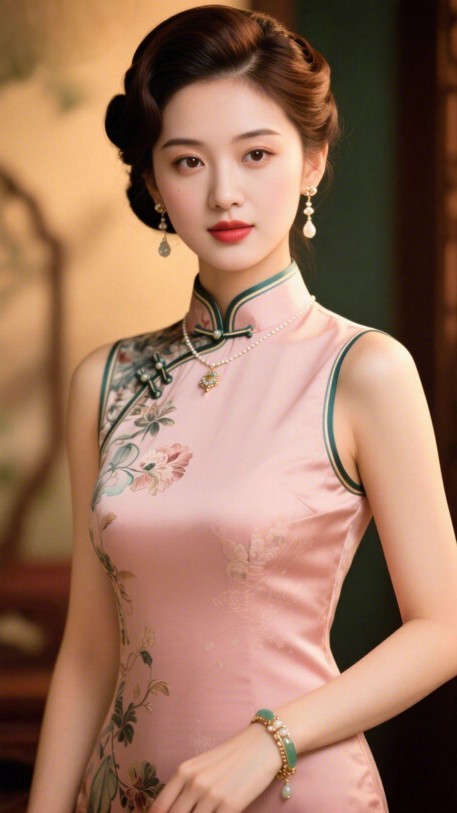 《粉缎裁春》藕粉色缎面旗袍轻裹周身，像把暮春的柔云裁作了衣衫。领口墨绿滚边