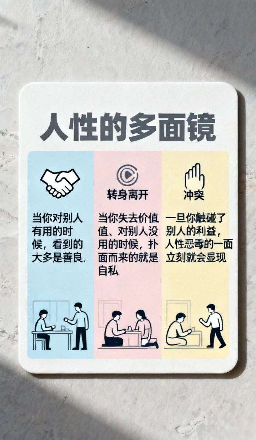 人性多面镜：当你对别人有用时，那善良如同潮水般，大多都向你涌来。可一旦你