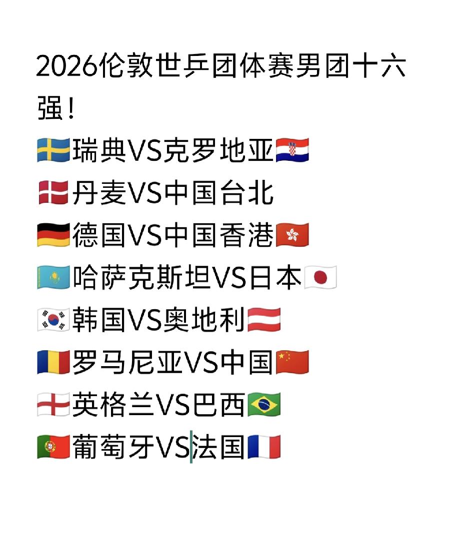 伦敦世乒赛男团16强刚刚决出！2026伦敦世乒团体赛第二阶段淘汰赛在今天凌晨落