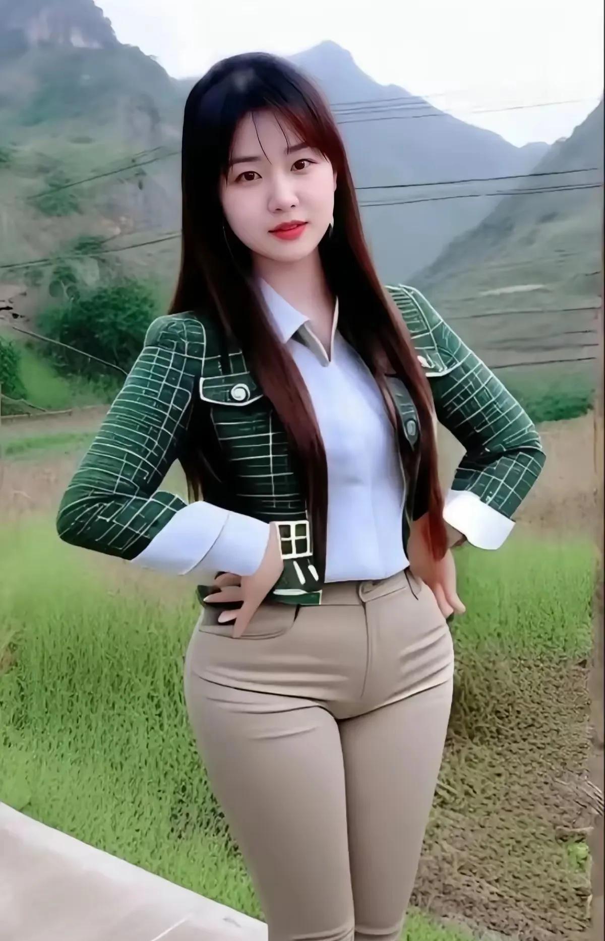 远山如黛映娥眉，秀发翩然玉体随。叉腰凝眸添傲骨，端庄气韵胜春辉。