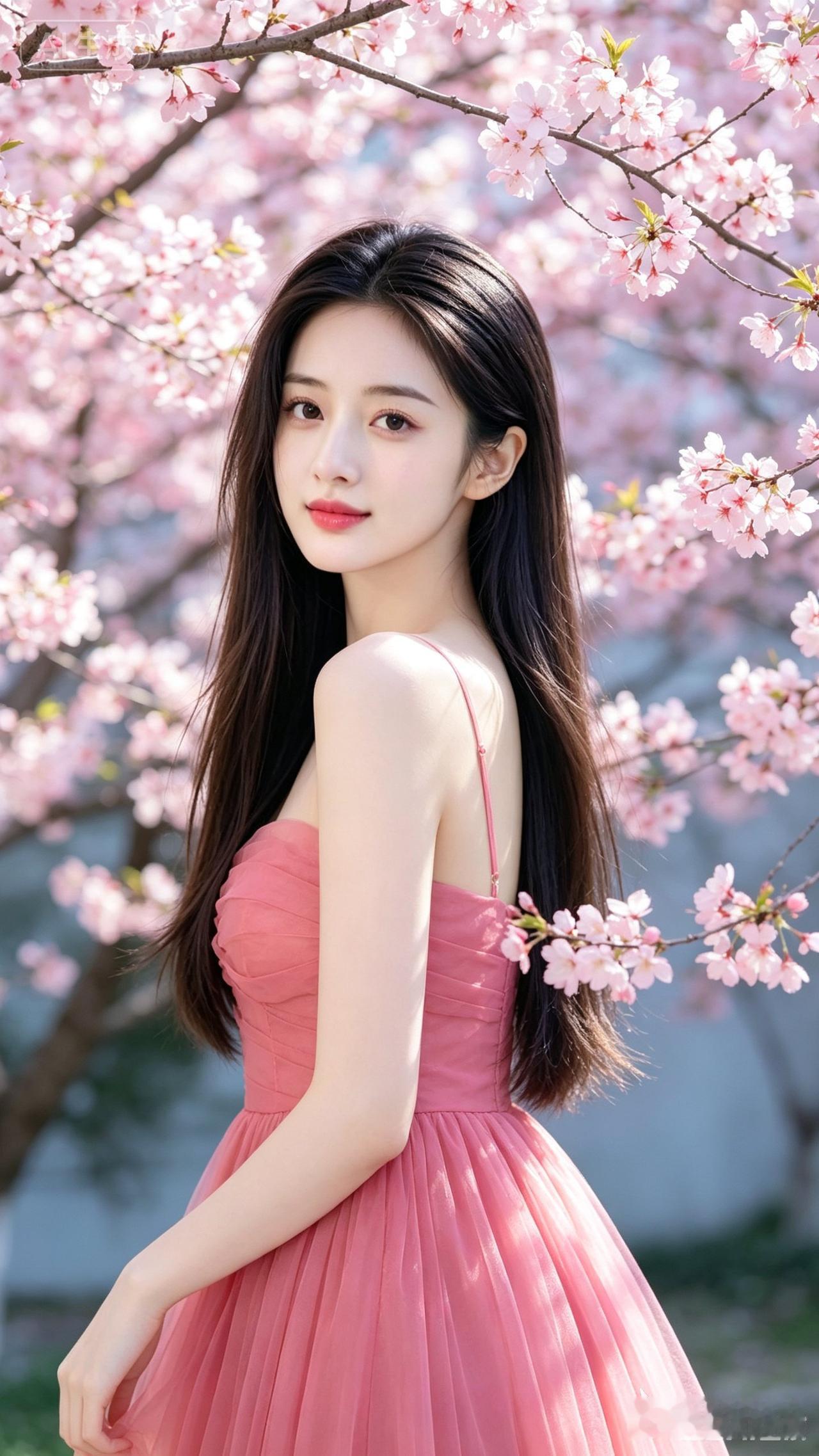 樱花树下，粉裙少女，温柔如春