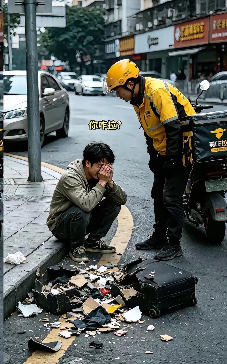 深圳街头，一位19岁小伙蹲在路边崩溃大哭，行李被车压碎，身无分文。路过的外卖