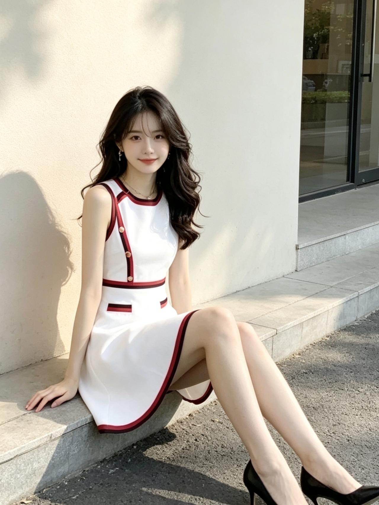 甜美少女风，红白相间连衣裙，阳光下的清新穿搭。阳光正好，微风不燥。换上红白相间的