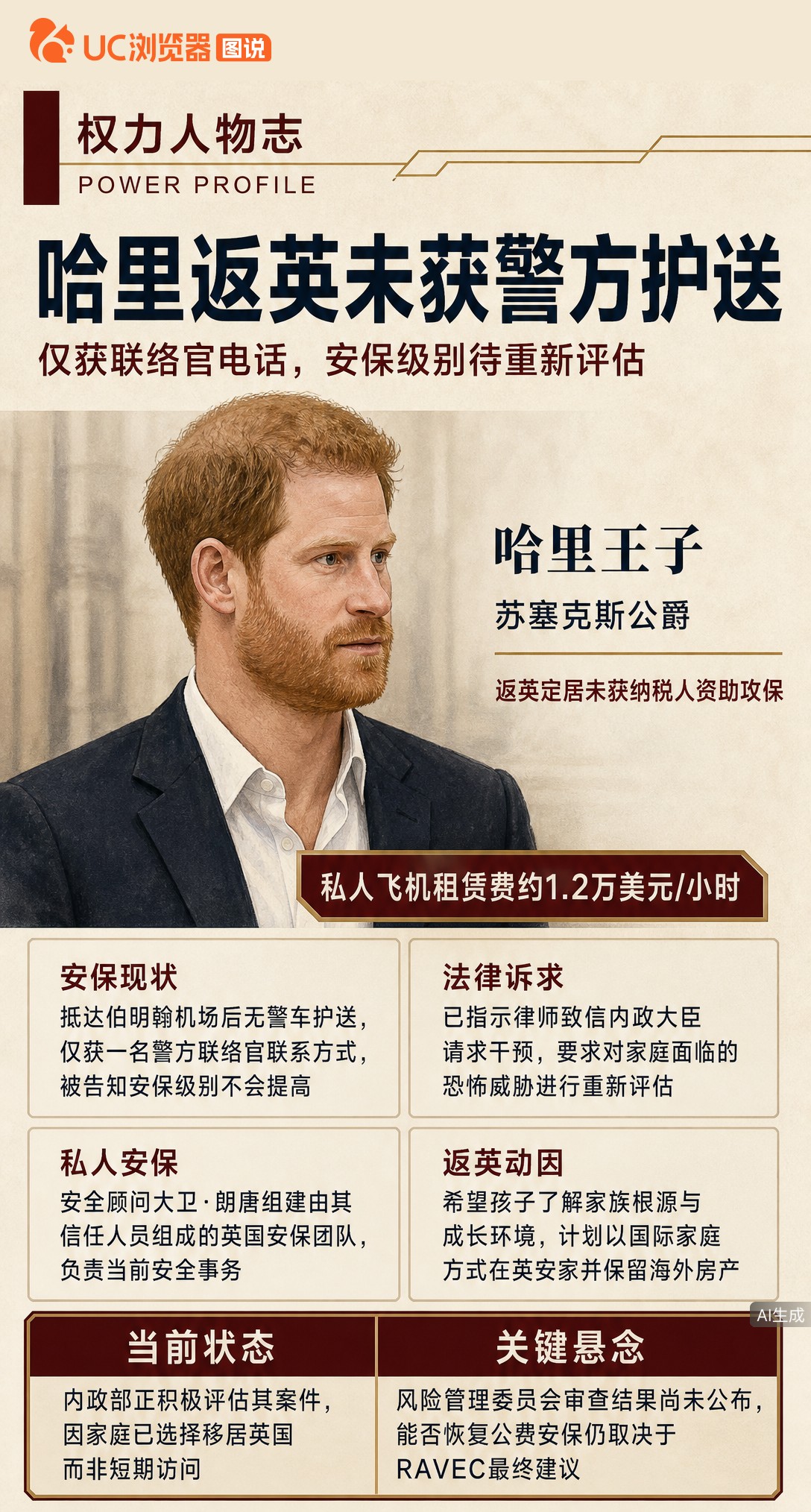 哈里王子举家搬回英国，却没等到警车护送，只拿到一个联络官电话。他已致信内政大臣要求干预，内政部正重新