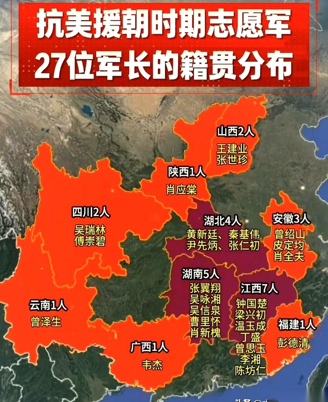 翻开抗美援朝志愿军27位军长的历史名册，一个极具压倒性的地域数据直接横在眼前。