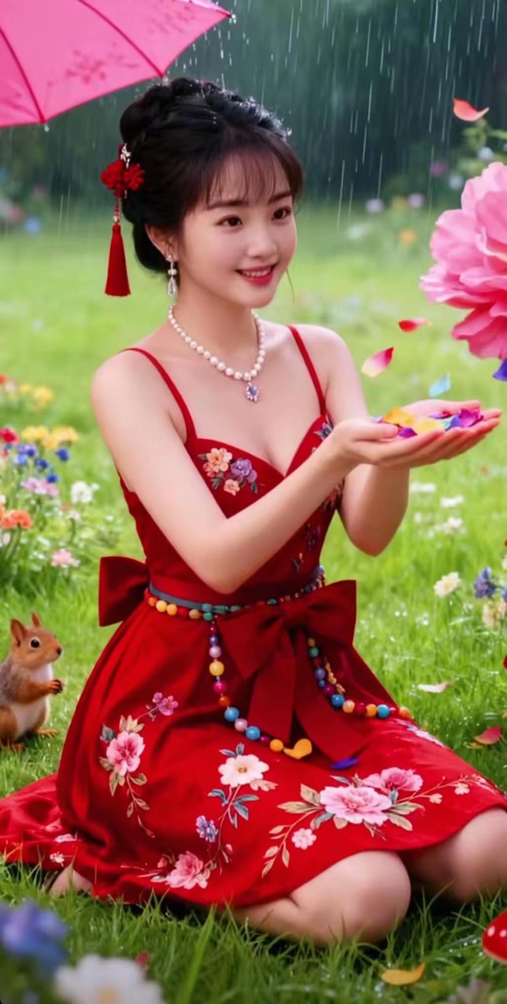 她漫步在花间，雨滴打在红裙上，泛起层层涟漪。发丝随风轻扬，眉眼间满是惬意。或许她