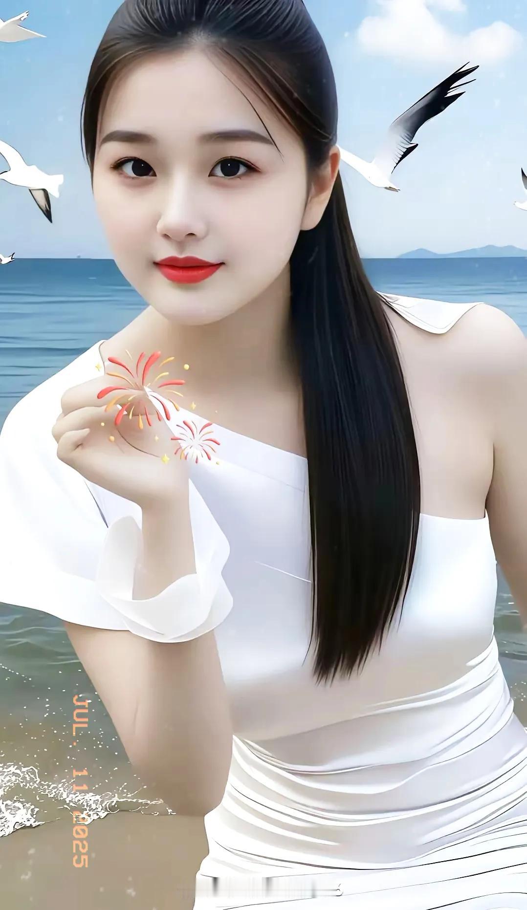 夏日海边漫步，手持烟花，享受美好时光