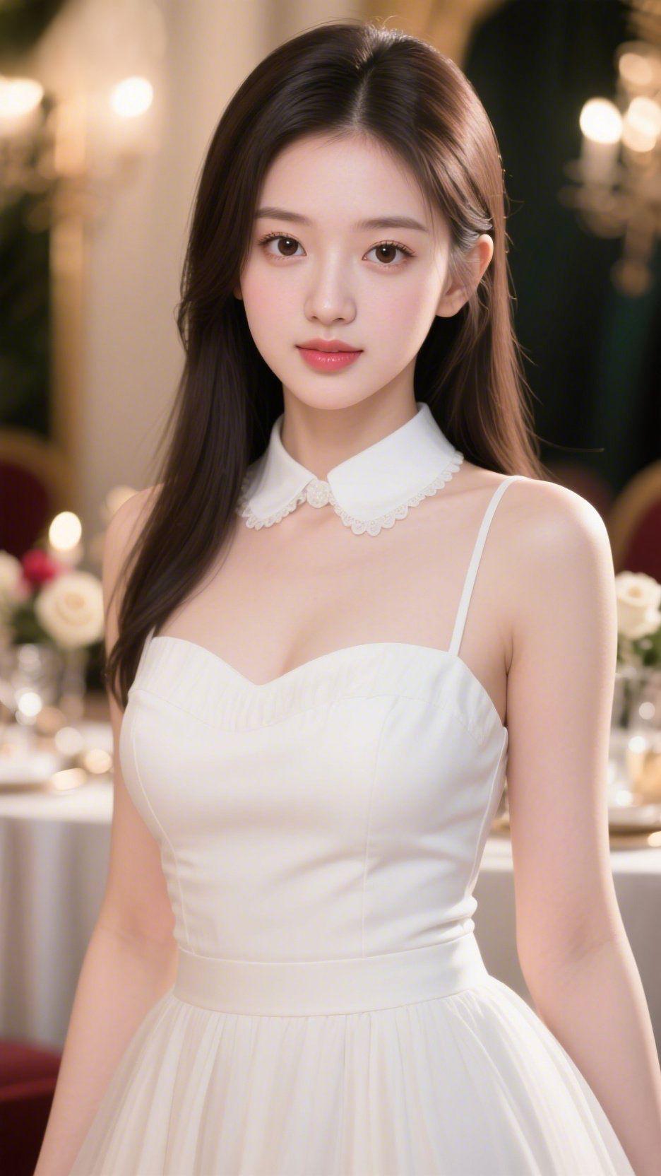 《白裙裹雅柔》一袭白裙如月光轻落，精致蕾丝小翻领缀在颈间，衬得身形清润舒展