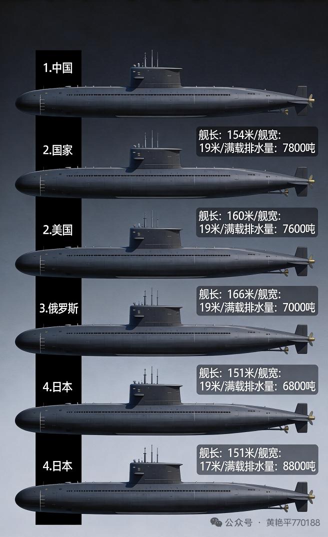这张各国核潜艇长度和排水量的图太有料了！核潜艇一直是大国海军竞争焦点，神秘又强大