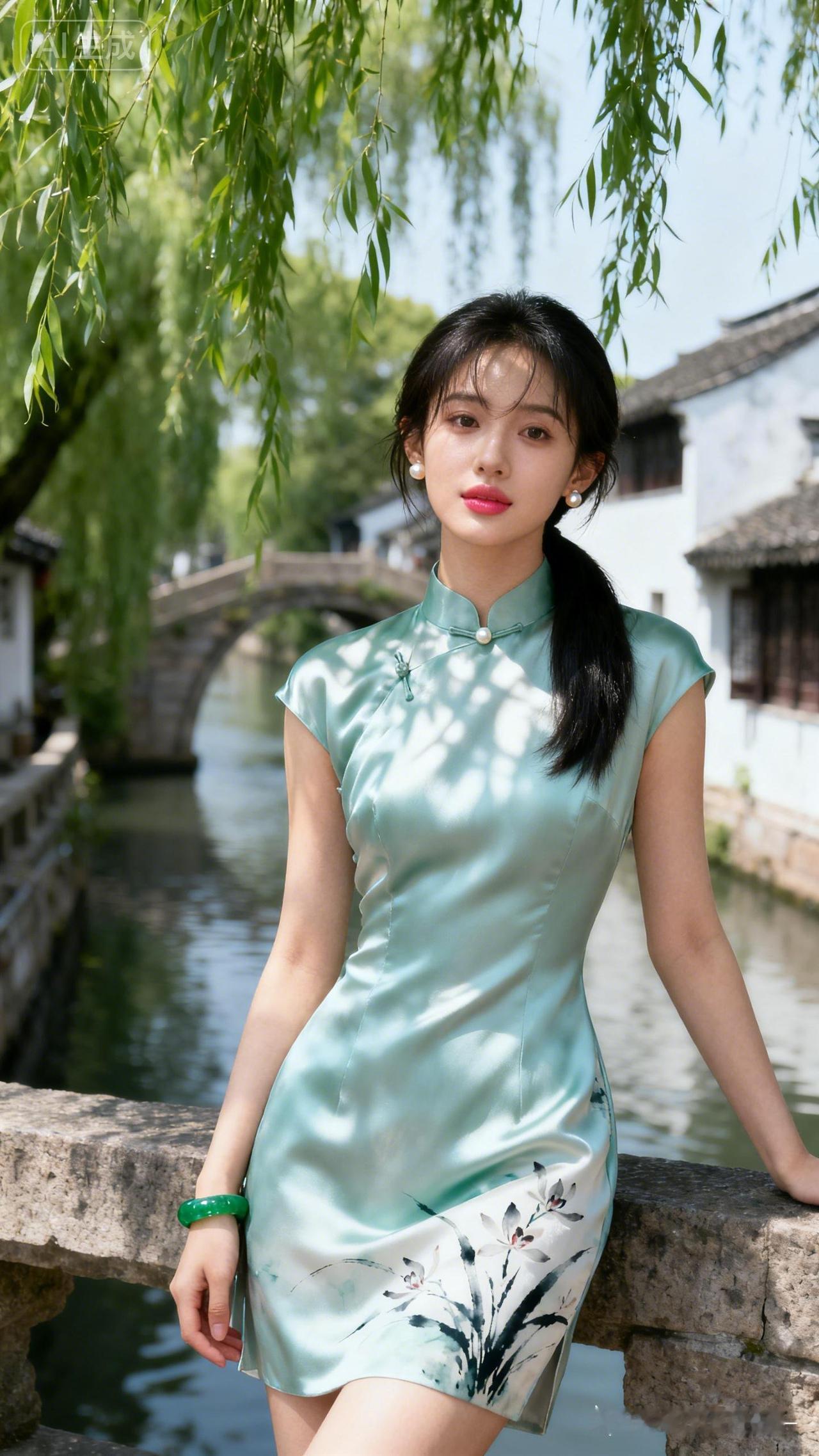 在古桥下，穿旗袍的少女，惊艳了整个江南水乡。