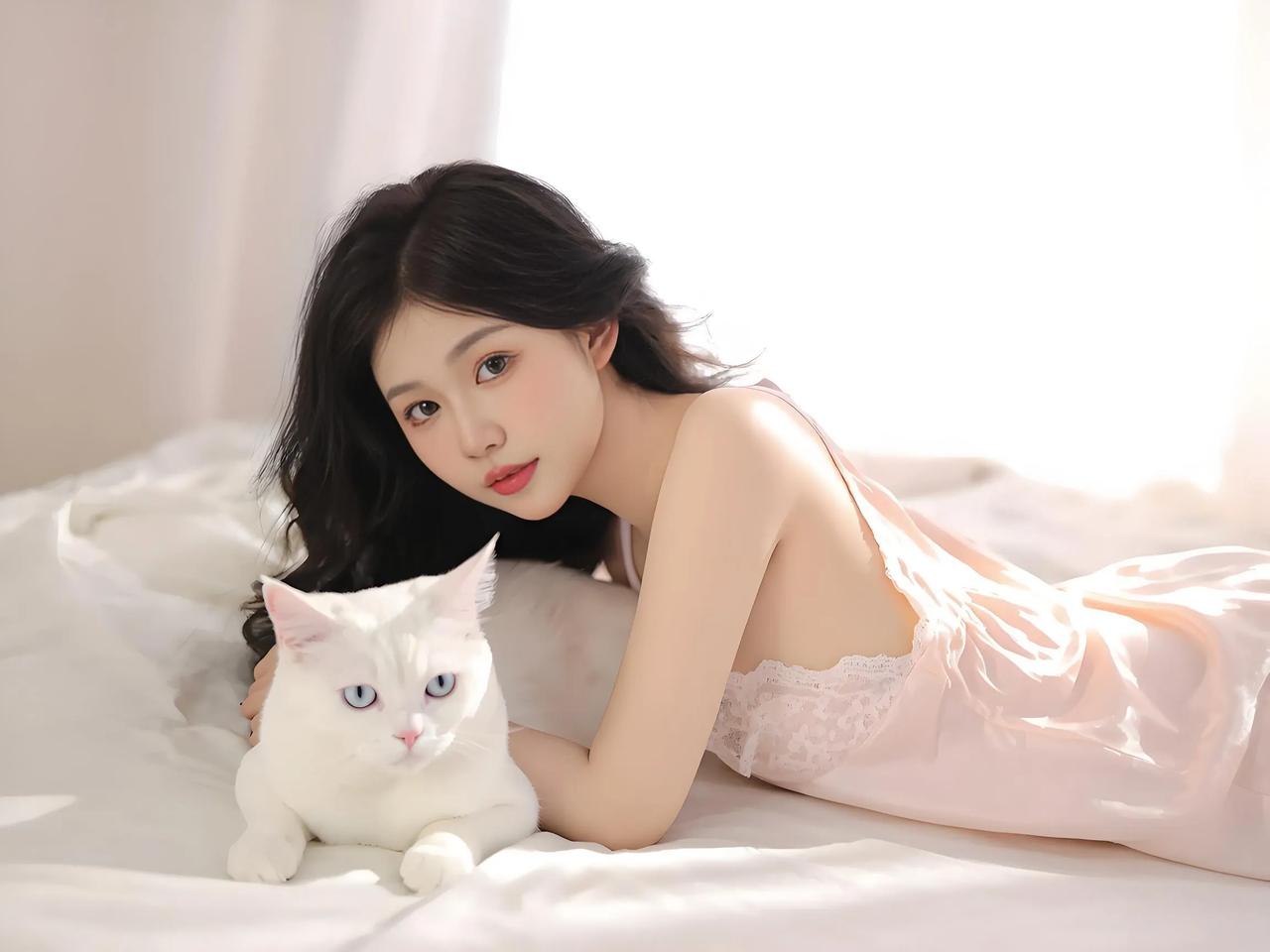 暖煦的阳光似细碎金箔，悄然轻洒在柔软床榻，将慵懒氛围晕染至每个角落。她一袭柔美的