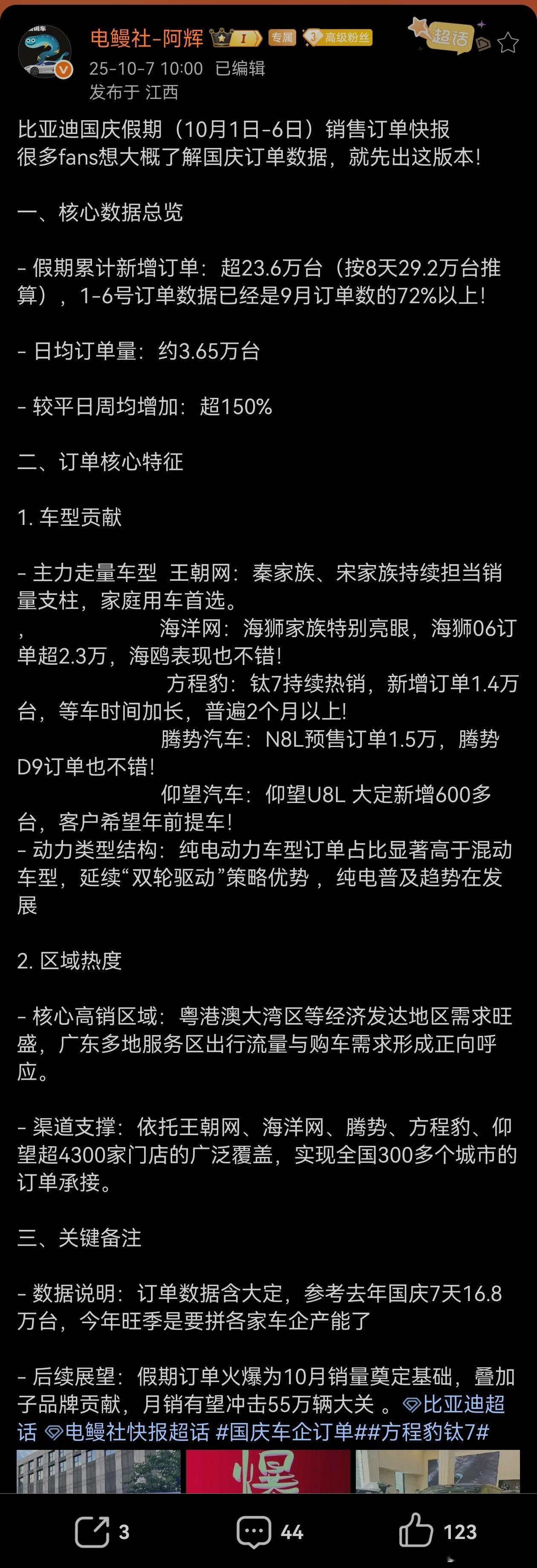 比亚迪这个月要飞了，假期过去六天就增加了23万台订单，预计这个月销量能突破55万