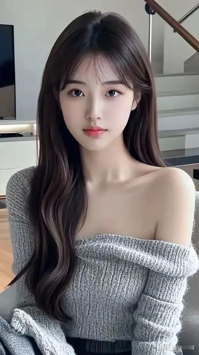  灰色露肩针织衫配微卷长发，居家氛围感里揉着温柔小性感～