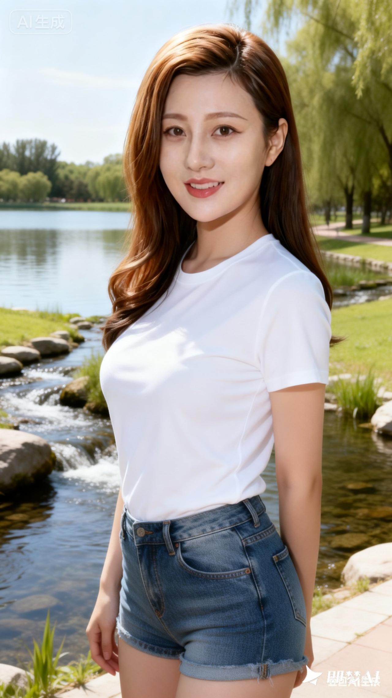 夏日清新穿搭，白色T恤+牛仔短裤，公园里的自然美景