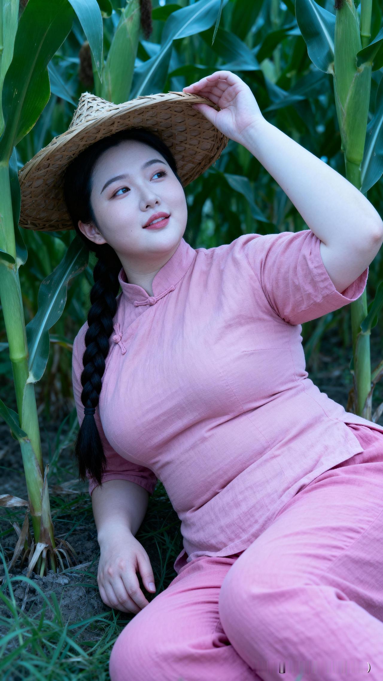  踩着田埂上的青草，朝着玉米地的深处迈步而去，粉色衣袂在绿意里漾开好看的弧度。麻