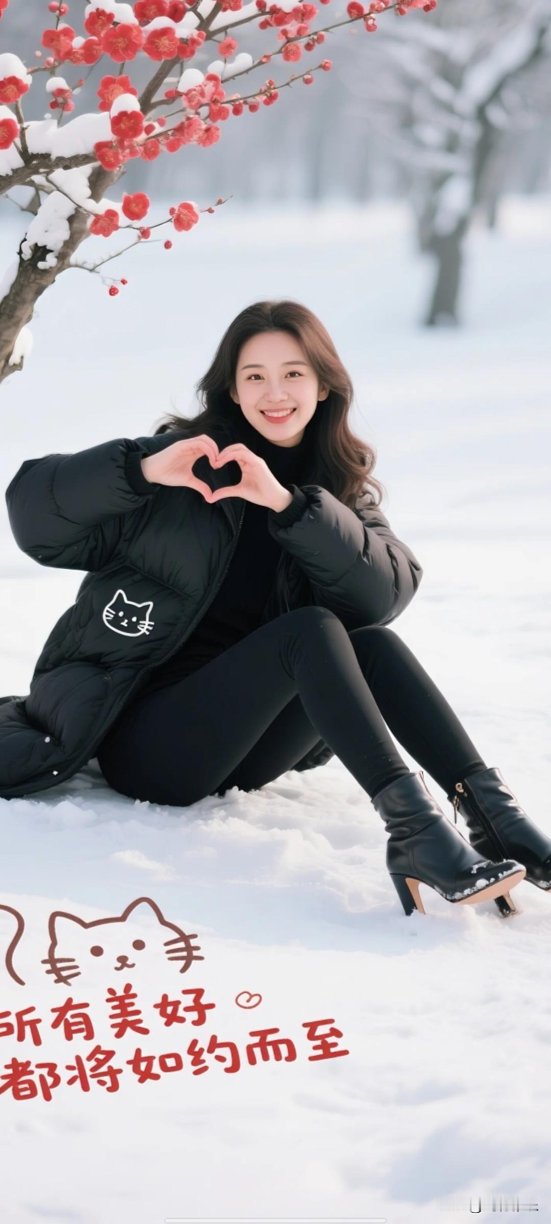 雪中红梅笑，心随爱意开。