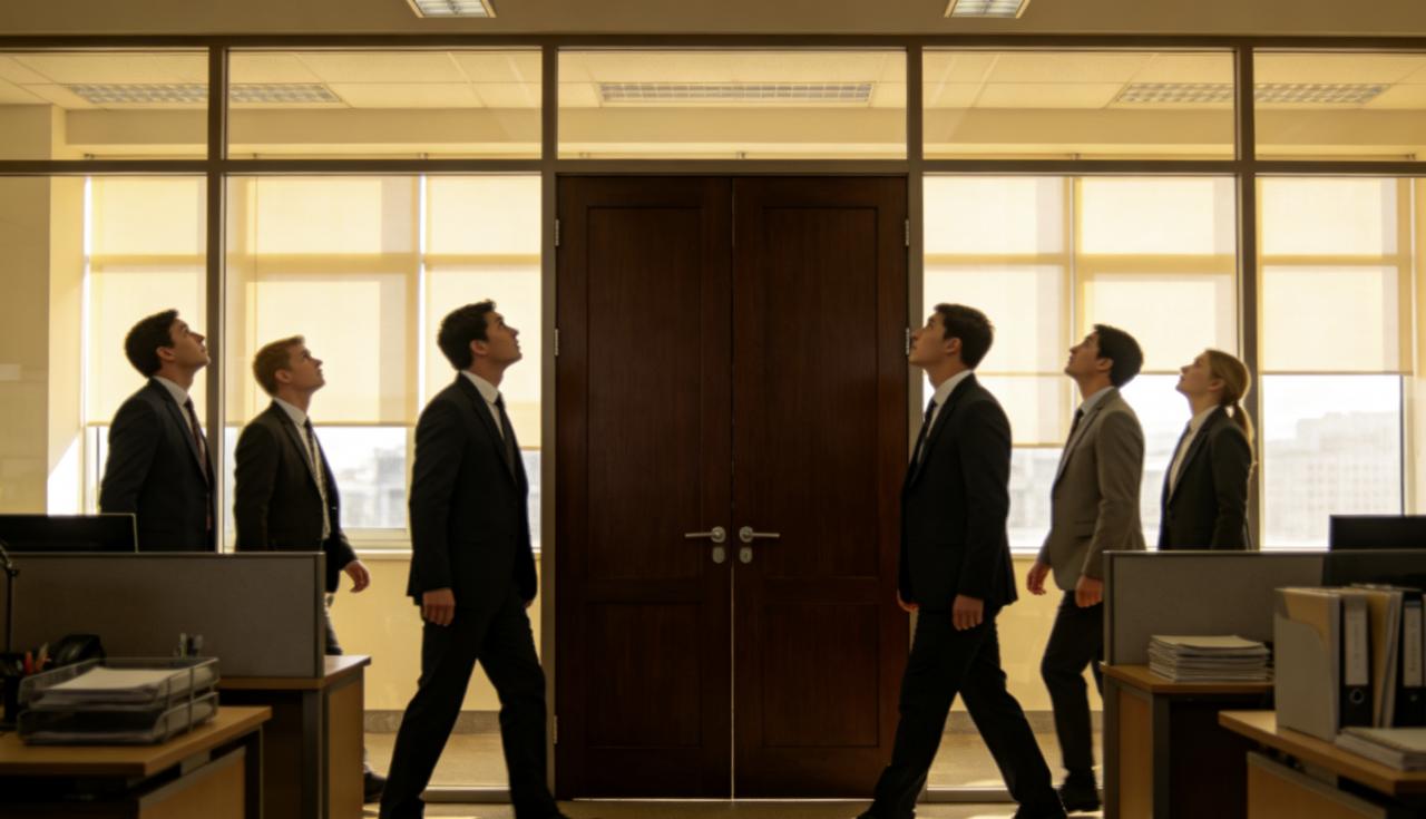 部门领导在办公室，门就开着；领导不在，门就关着。大家进出都瞄一眼那扇门，像看红