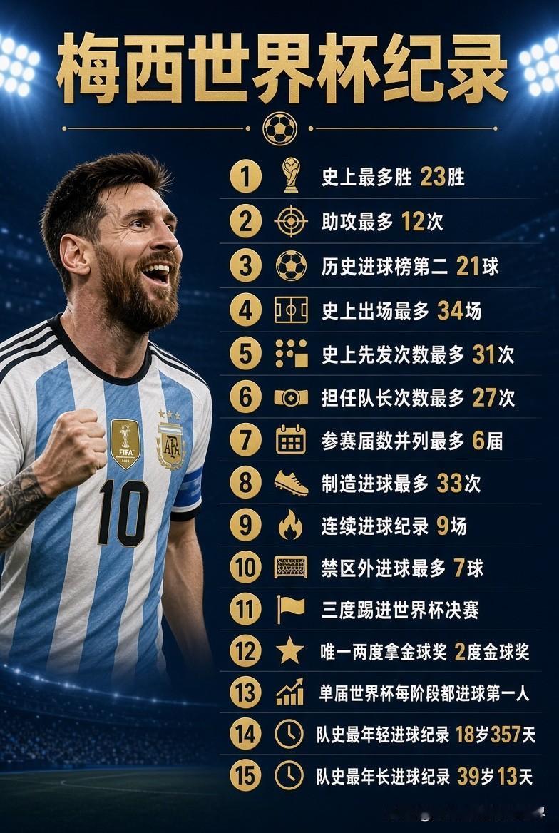 梅西世界杯十五大纪录如下：1.史上最多胜——23胜2.助攻最多（