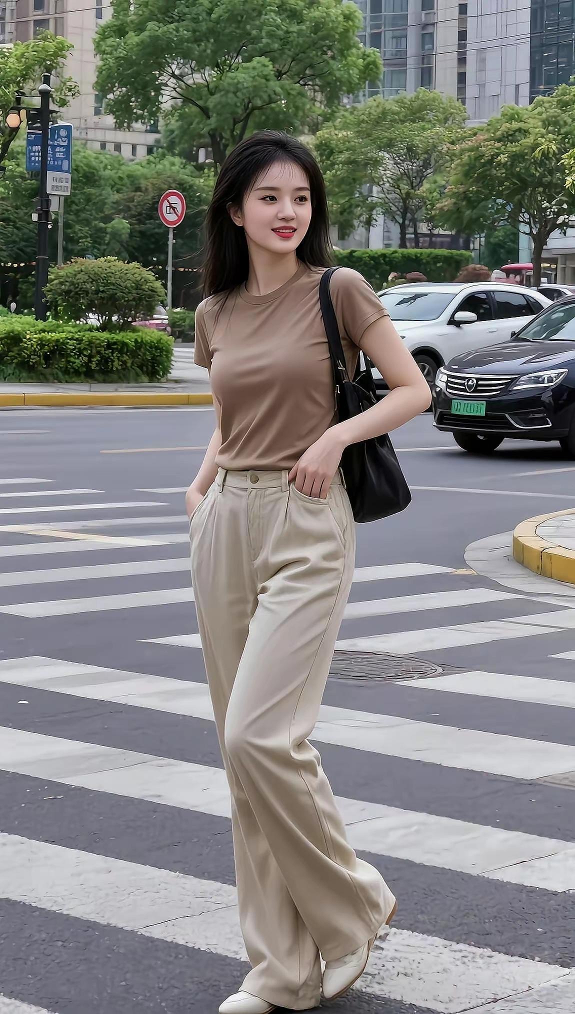 都市街头穿搭指南：简约棕色T恤+米色阔腿裤，轻松自在！👗👠🏙️