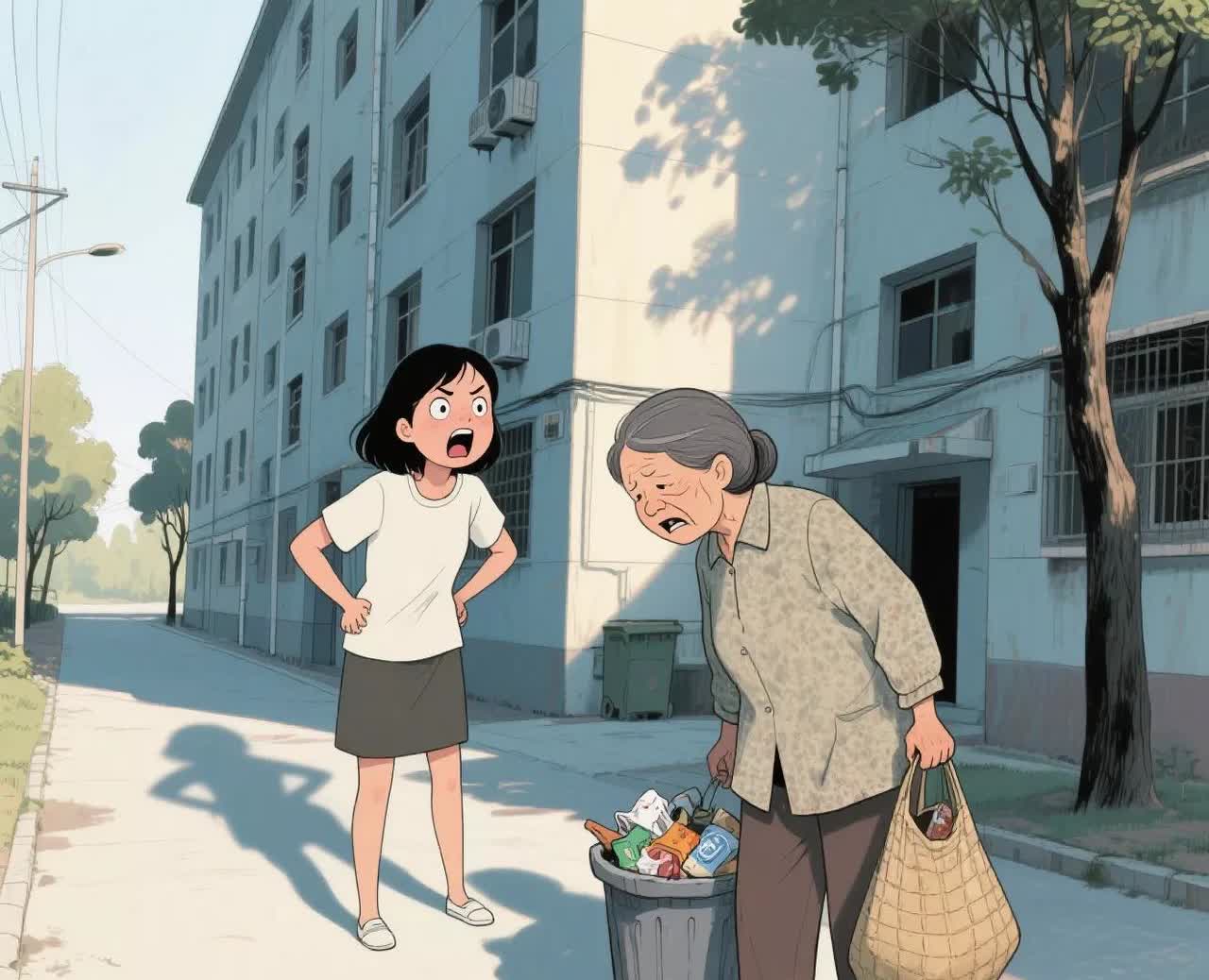 楼前，一位年轻女子正在对着一位大姐大发雷霆，大姐一声不吭。年轻女子是大姐的儿