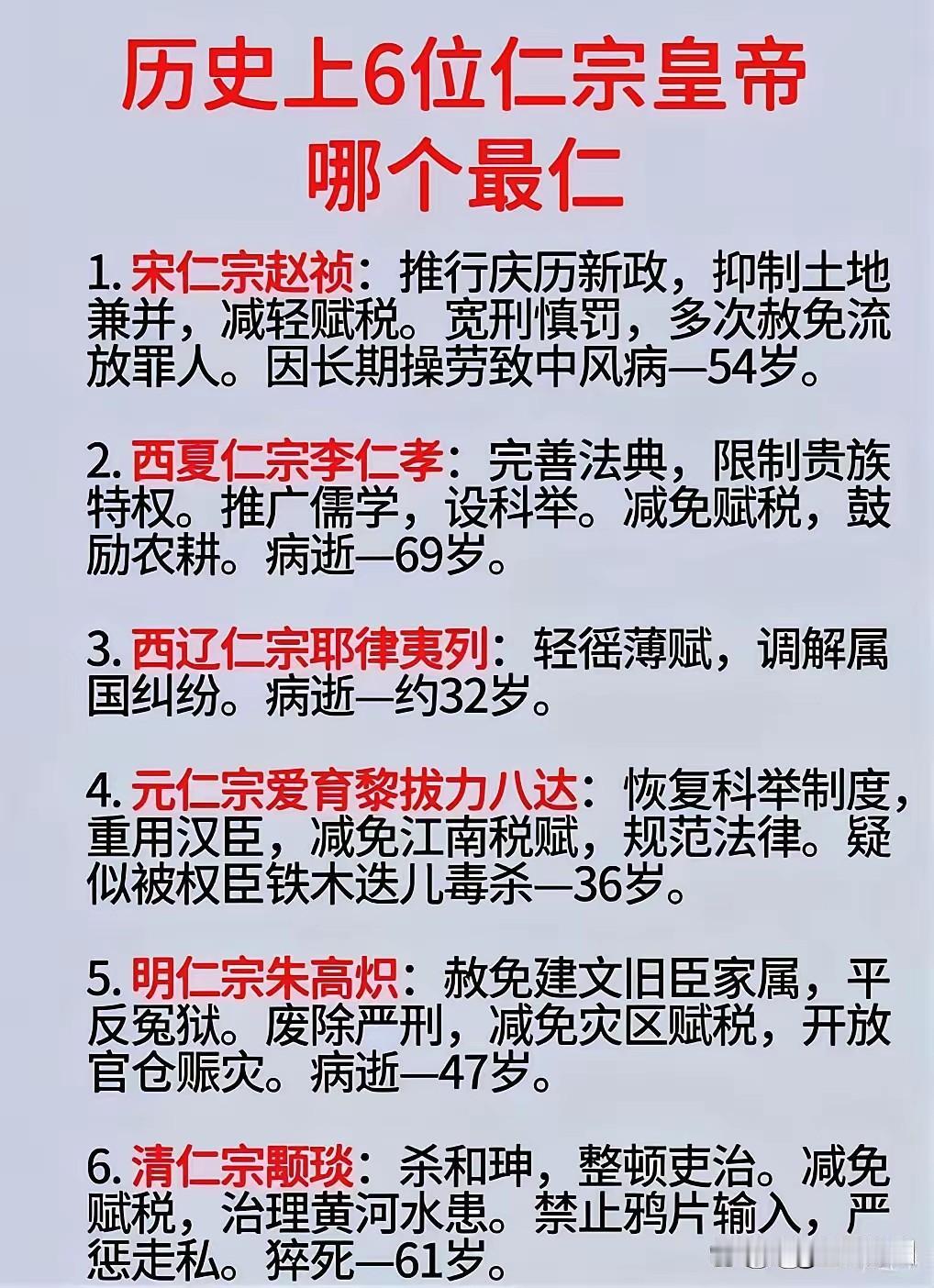 关于仁宗这个庙号，宋仁宗排第一，应该是没人反对的。其他五位仁宗，也基本上属于上乘
