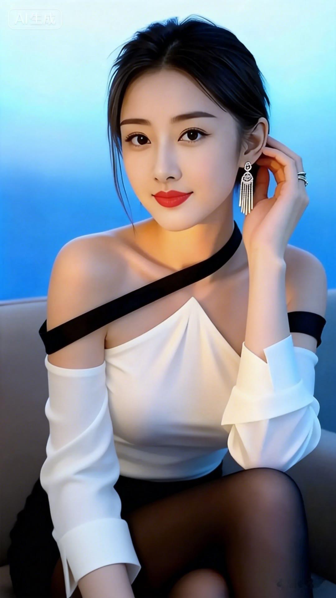 这位美女穿着时尚，耳环很显眼。