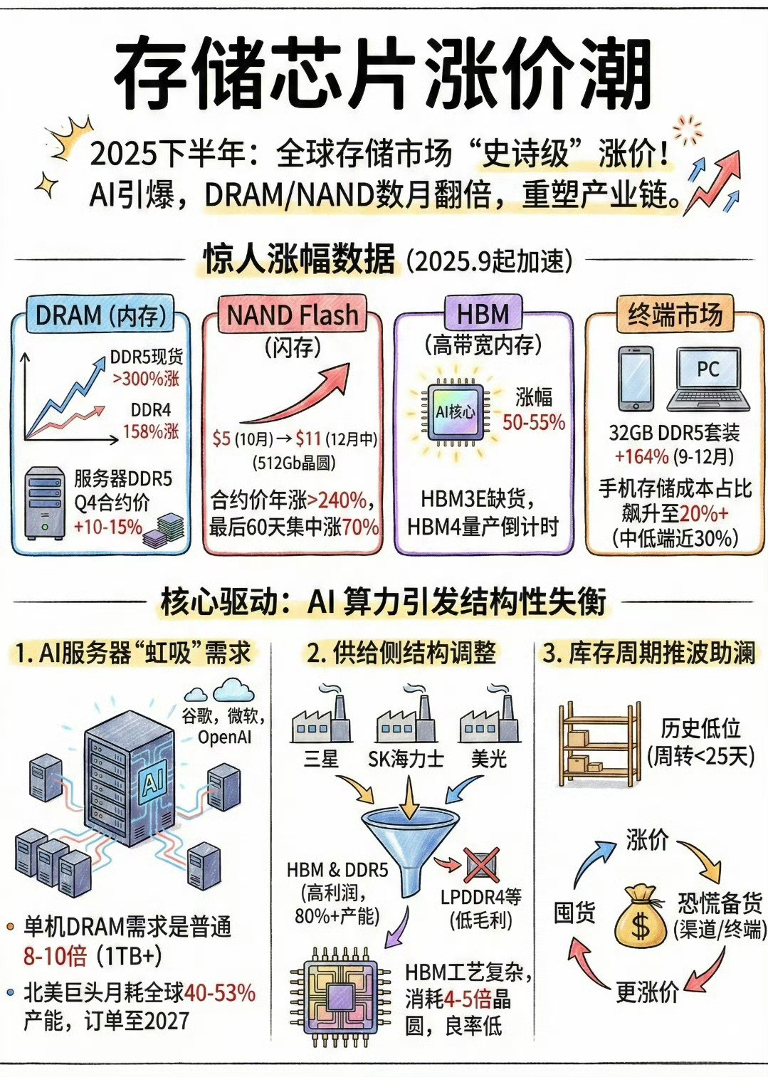 存储涨价传导至CPU，半导体行业迎来全面涨价周期。存储先因HBM、DDR5需求暴