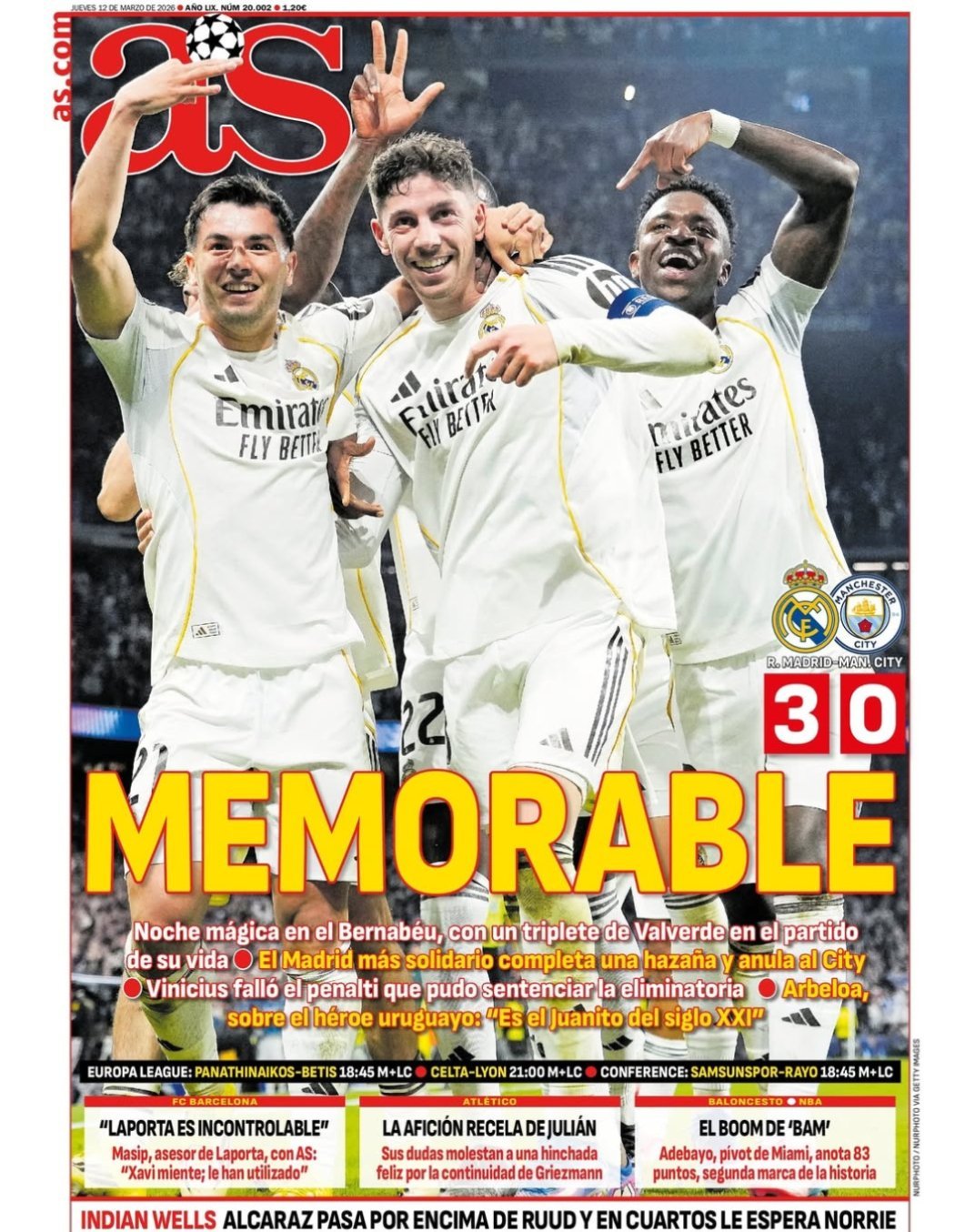 皇马《阿斯》伯纳乌的魔力夜晚，巴尔韦德帽子戏法最团结的皇马完成了这场英雄壮举，