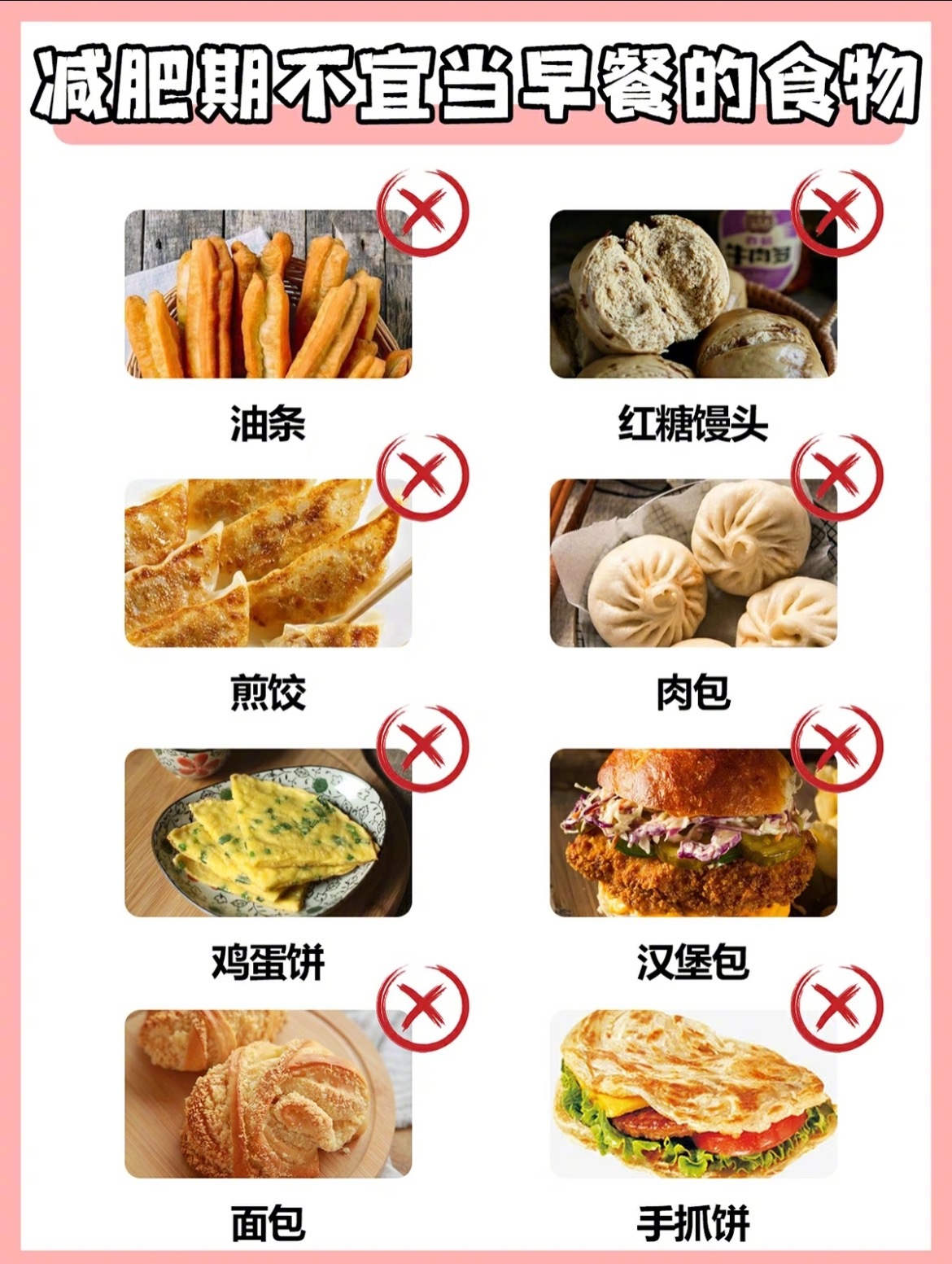 “减肥期不宜当早餐的食物”1.减肥期不宜当早餐的食物油条、红糖馒头、煎饺、包子、