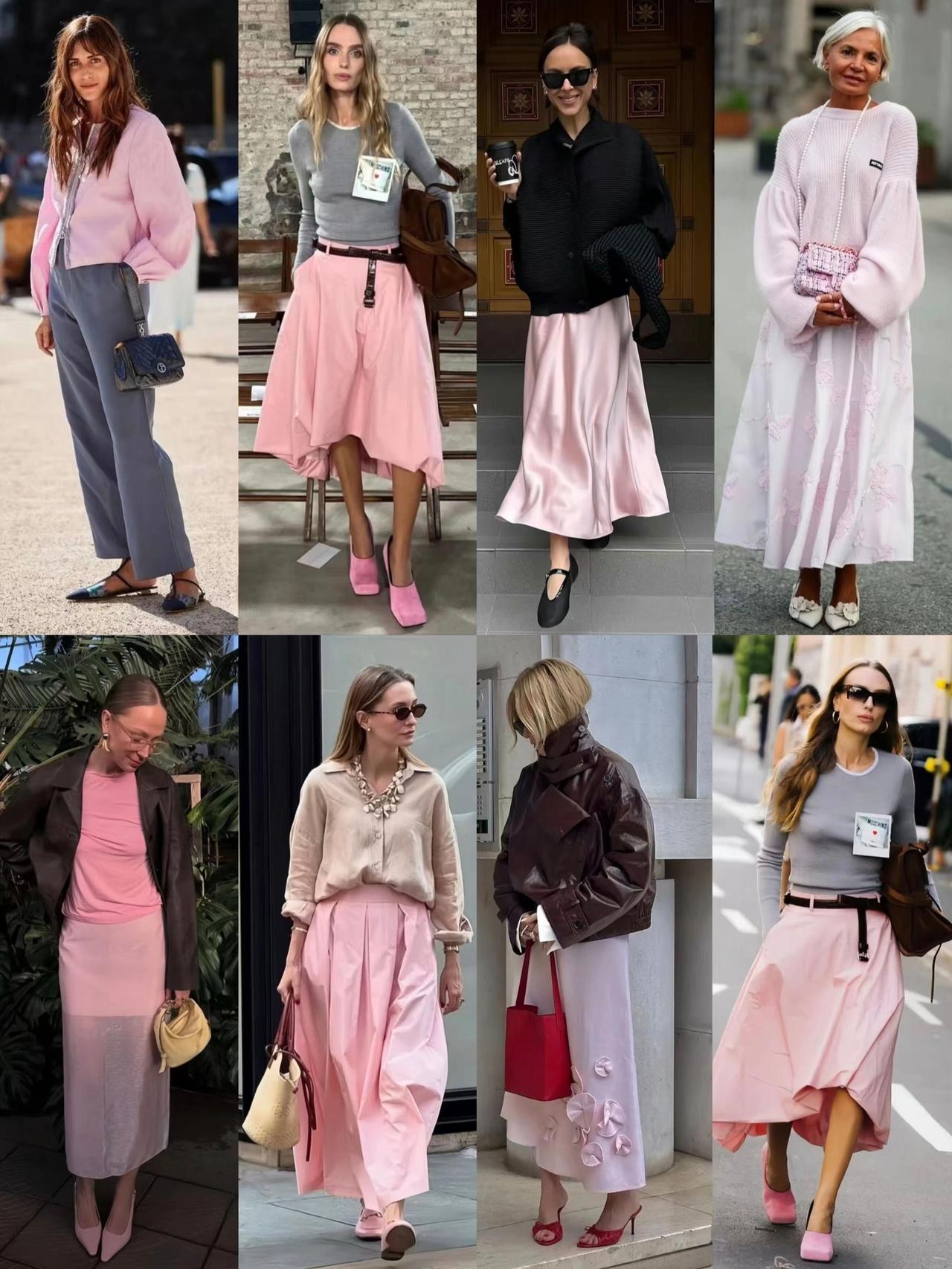 粉色裙子比想象中更好看呀！柔和的樱花粉半裙/长裙，搭配灰调上衣、深色外套，用中