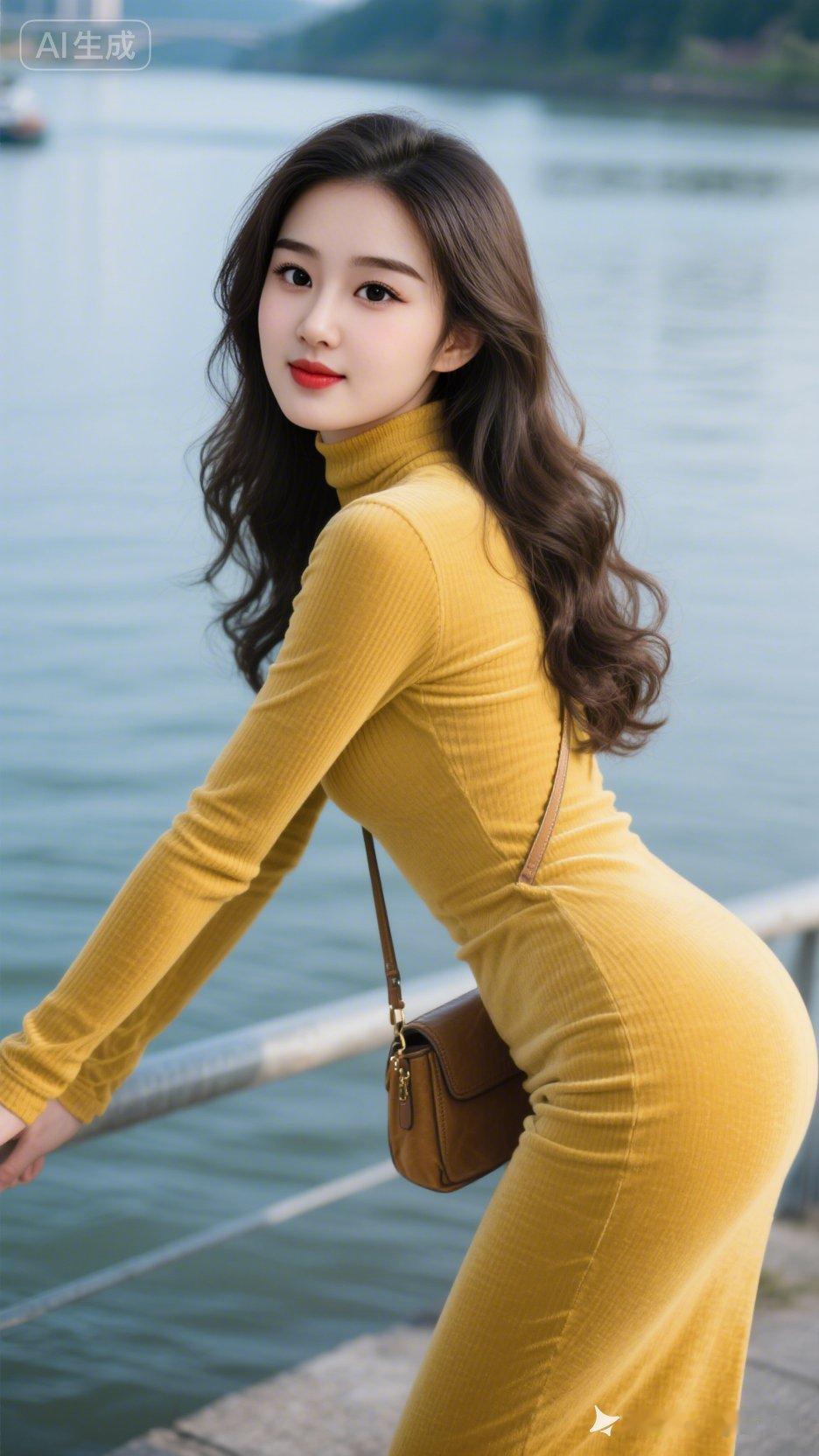 优雅黄裙，水边漫步，尽显迷人风情
