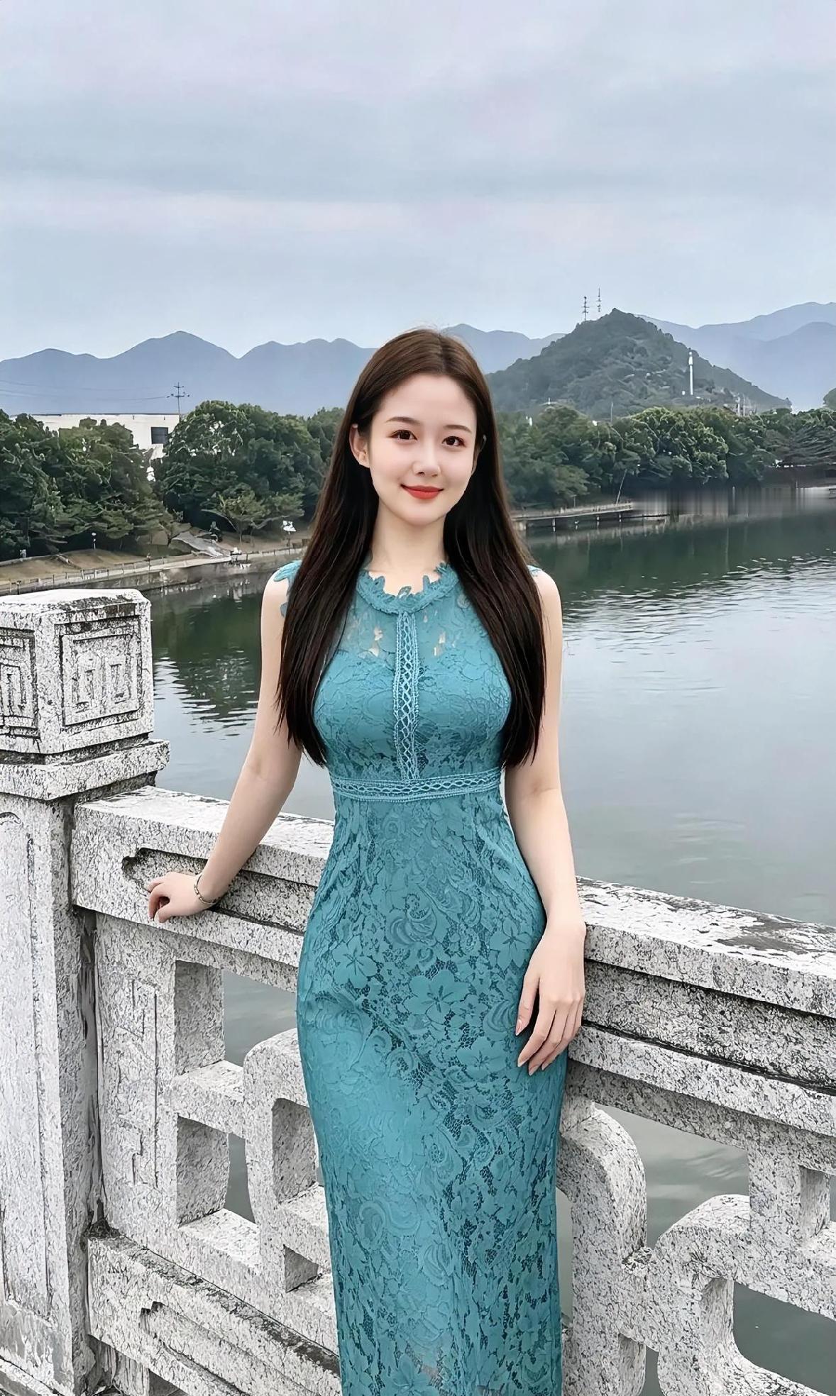 《湖畔青澜》青蕾丝轻裹夏长，长发垂肩，笑意温良。石桥静倚，湖水微凉，