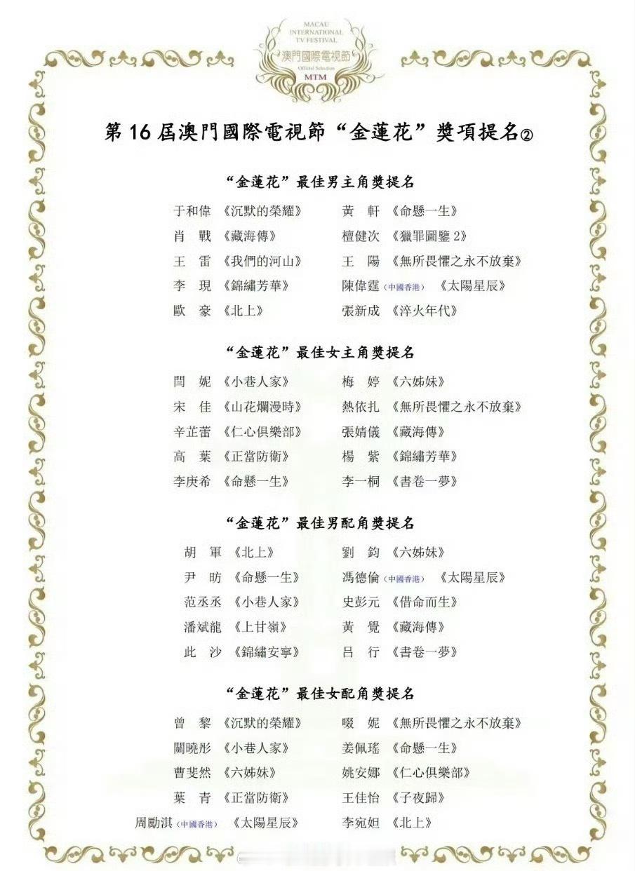 第17届金莲花电视节和电影节最佳演员提名名单，谁有希望获奖？