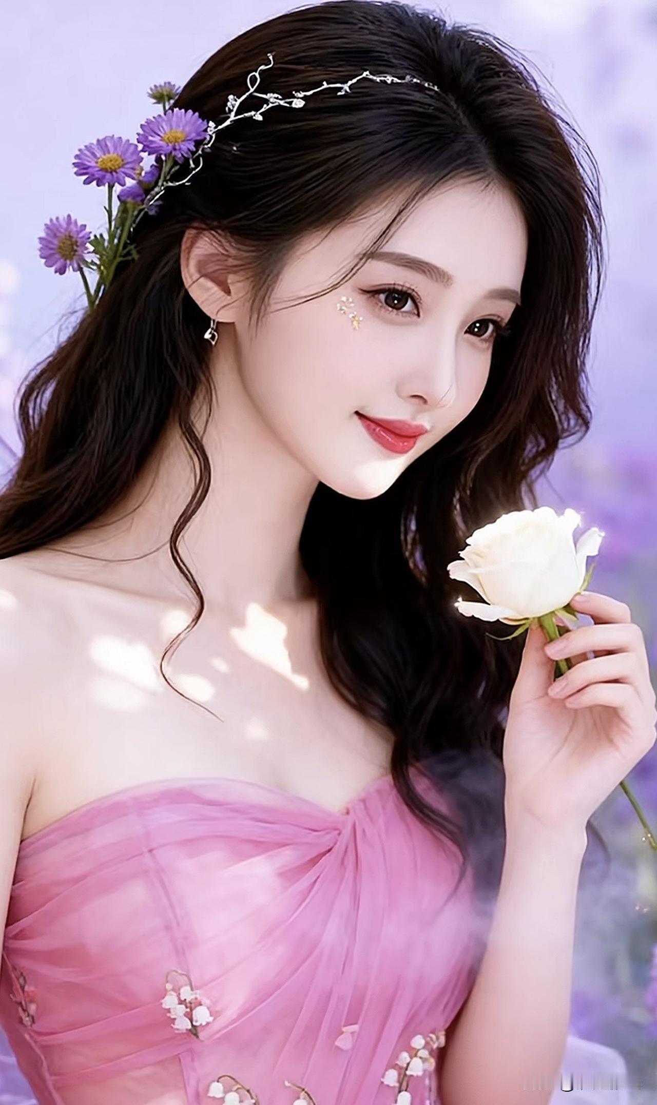 梦幻粉裙少女，手捧白玫瑰，花海中漫步美丽的兰花欣赏女演员古装红衣造型粉红色是