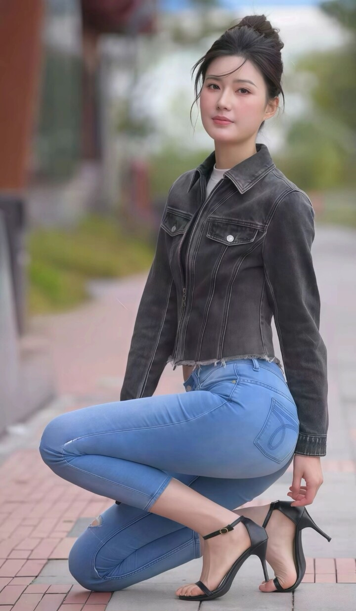 小姐姐一副国泰民安，贤妻良母的面容，搭配牛仔套装，真绝～