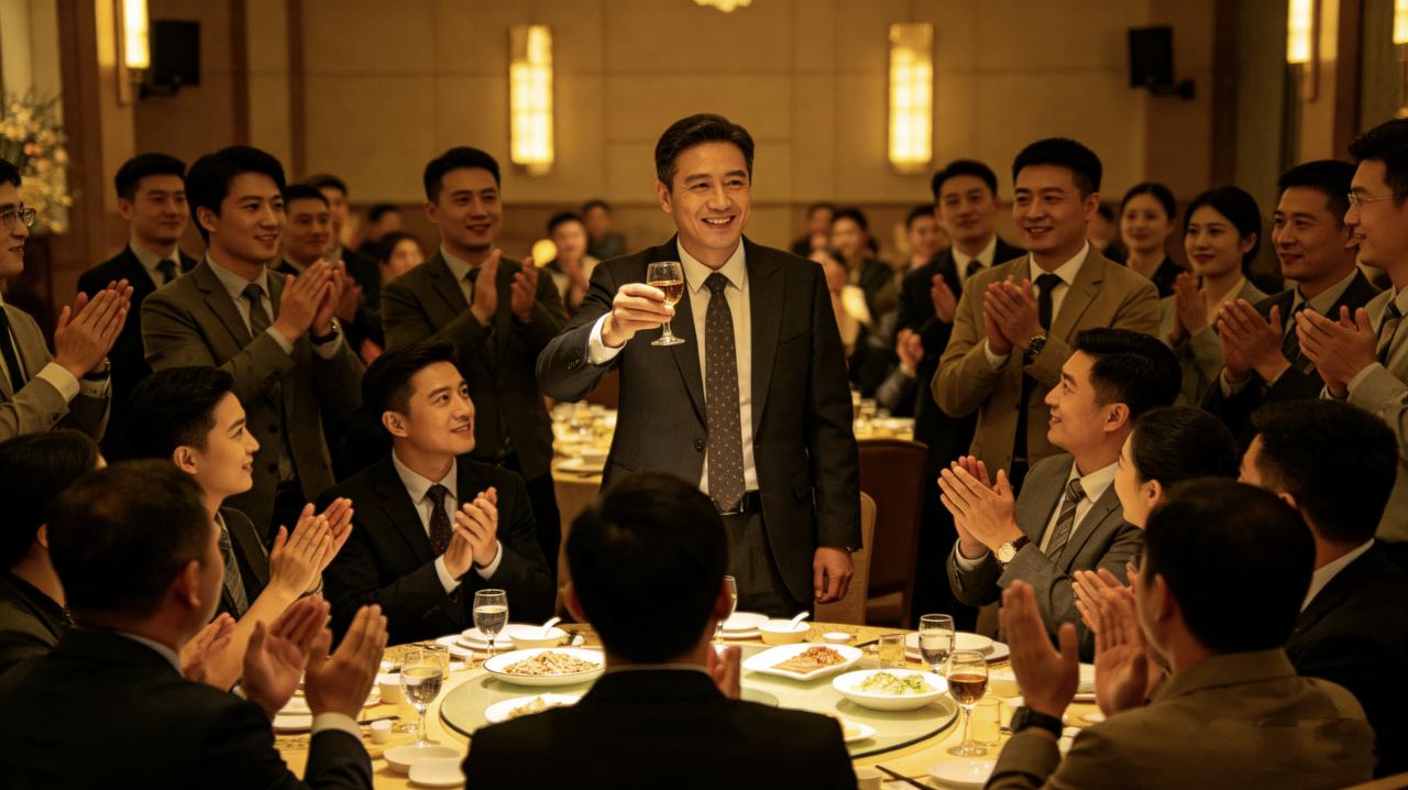 项目庆功宴，领导举杯表扬团队：“这三个月大家辛苦了！尤其是小李，通宵改方案，功劳