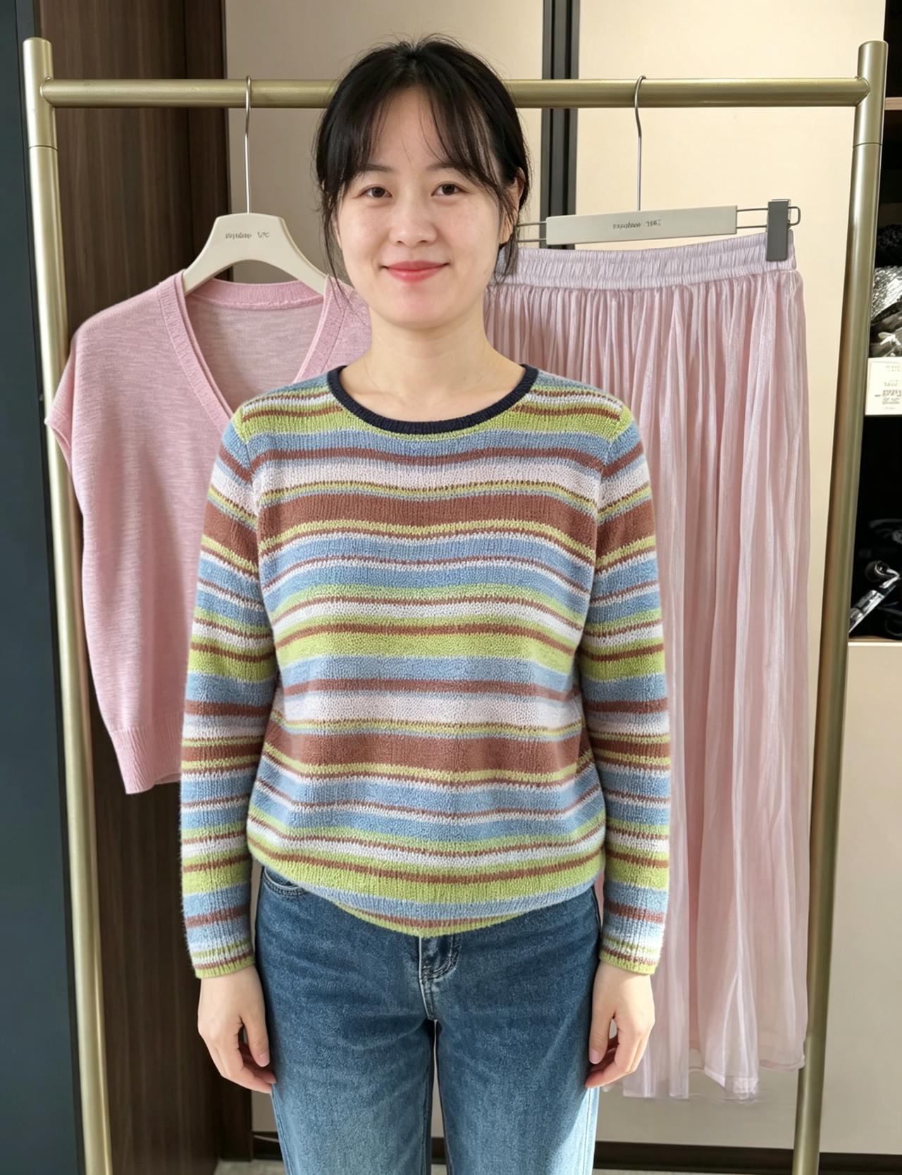 青棕蓝绿织春妆，浅笑安然气度芳。莫道人间春色好，美人一站便春光。