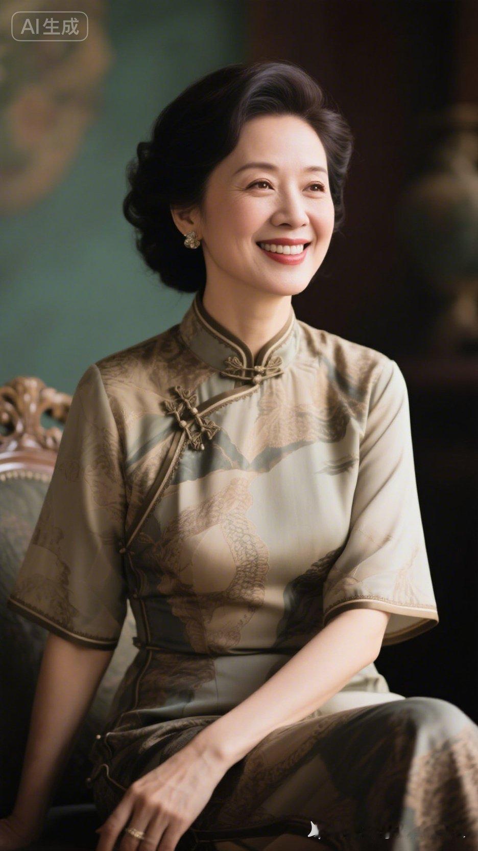 这位女士穿着旗袍，微笑着看向镜头。