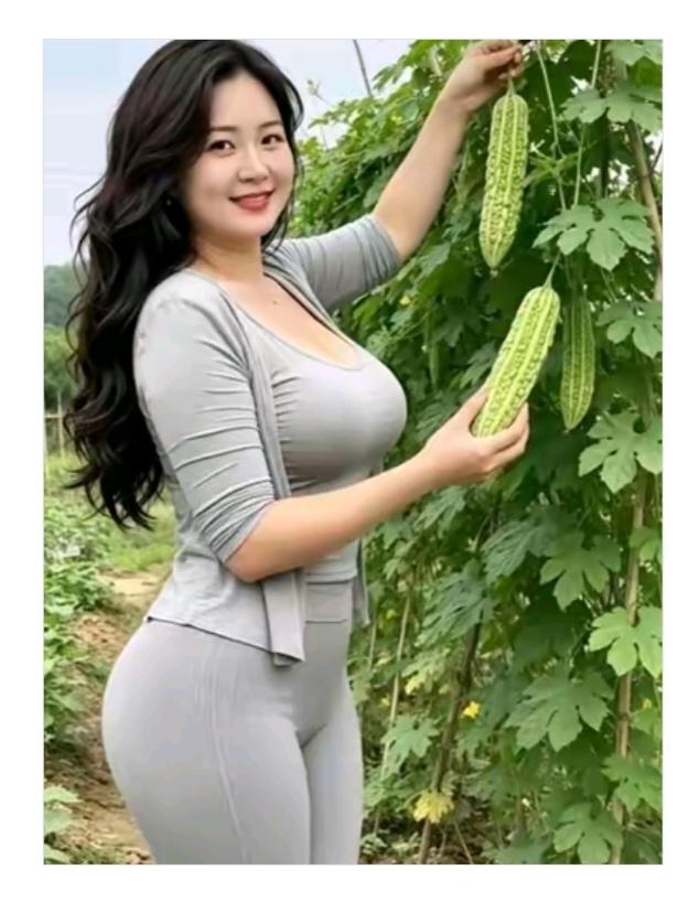 摘苦瓜美女今天摘苦瓜；午餐想做肉炒瓜；孩子就在学校吃；老公和我在家吃；