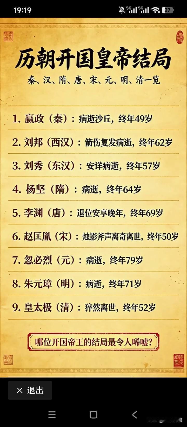 发现了没，开国皇帝一般都活得比较久，基本上享年都超过50岁，很少有夭寿的。别小看