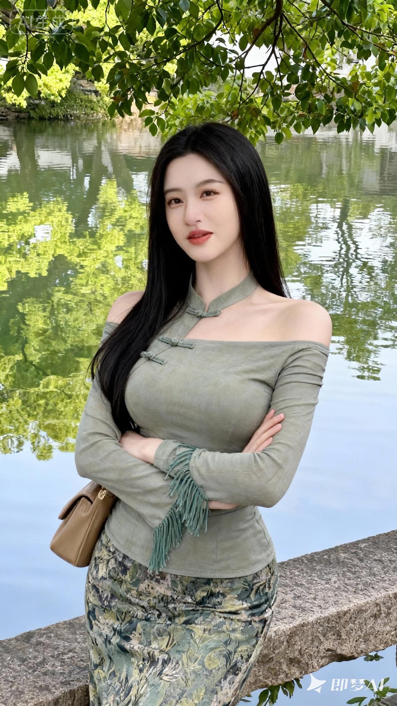 在绿意盎然的湖畔，她优雅地倚靠在石栏旁，仿佛一幅静谧的画卷。