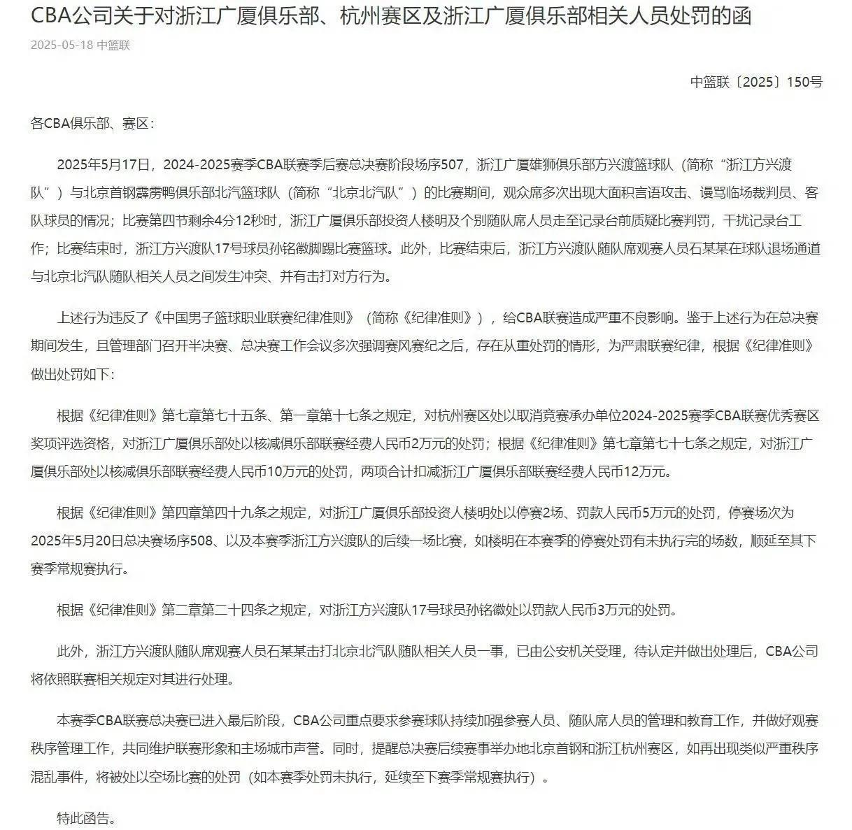 CBA公司的罚单开的挺快！从上到下罚一遍，看你们还闹腾不？！浙江广厦杭州赛区取