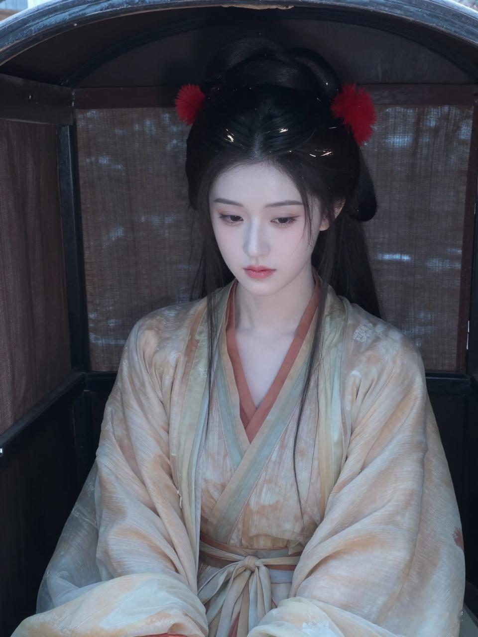 穿越千年的古典美人，红妆与古风相映成趣。