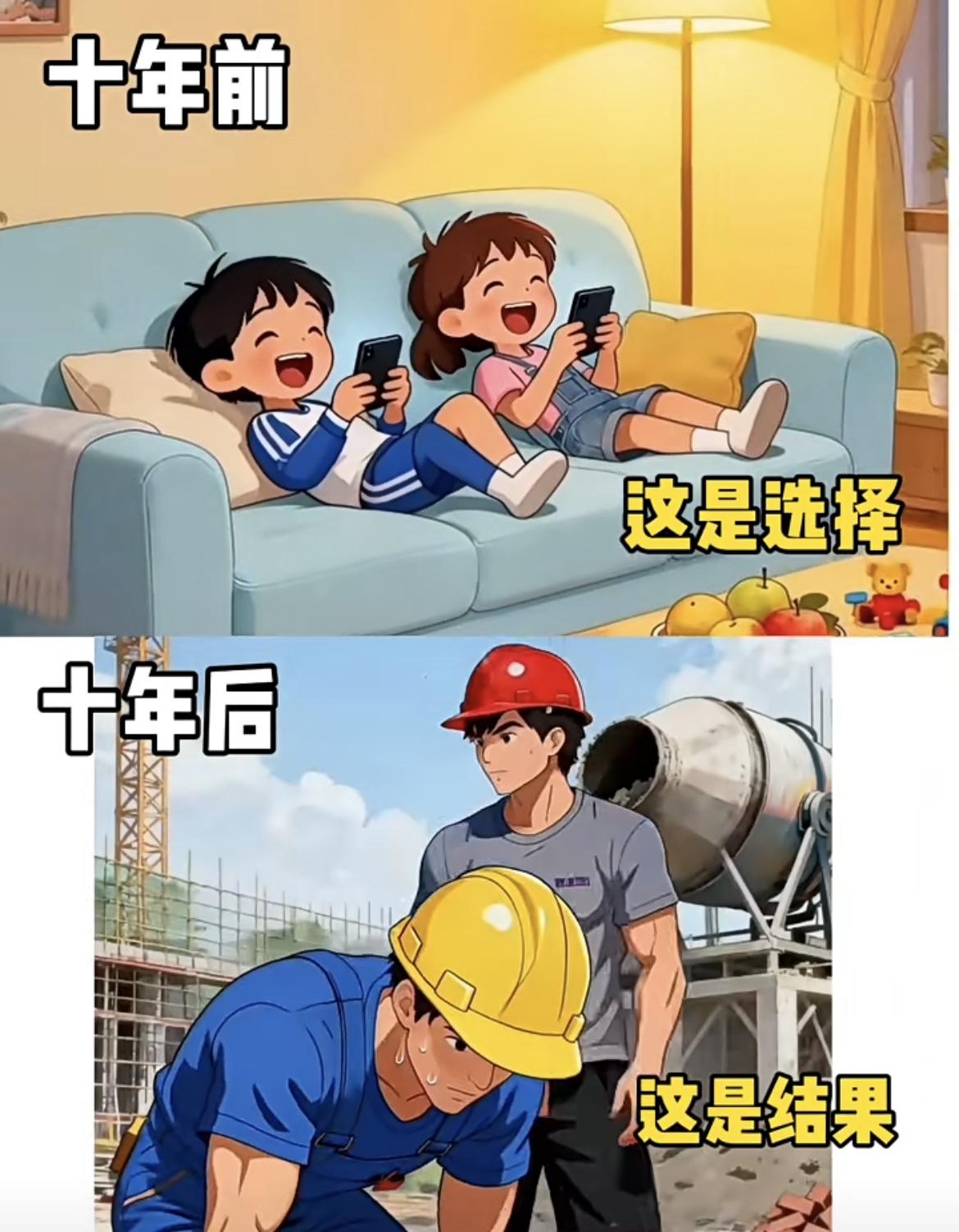 1.男孩的十年：十年前选了躺在沙发玩手机、只顾着玩，十年后就只能在工地顶着太