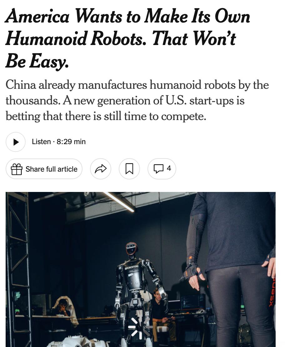 美媒：美国欲自主制造人形机器人，但面临严峻挑战。中国凭借国家战略投入和电动汽