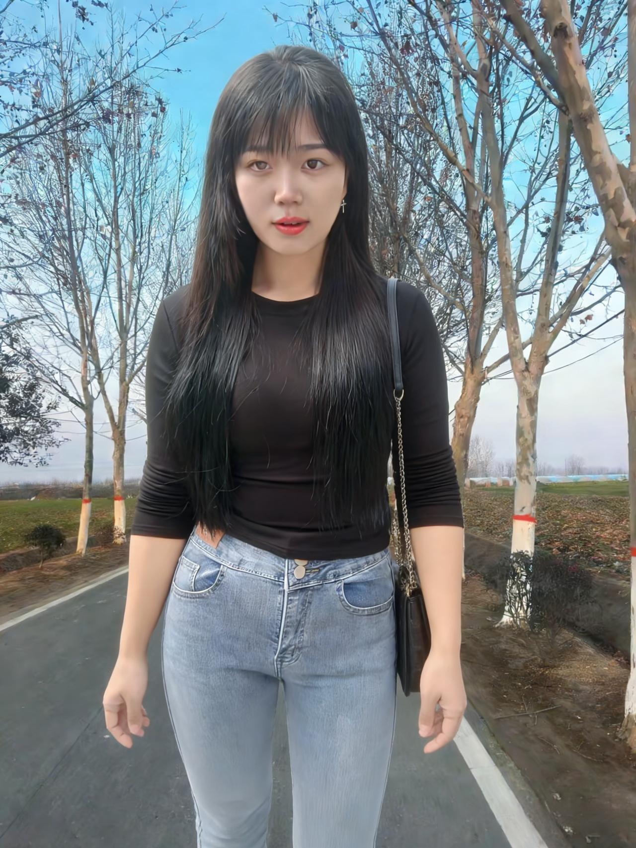 黑衫裹着风，从村口的土路漫向石桥牛仔裤的蓝，是未褪尽的乡野底色长发垂落，像一