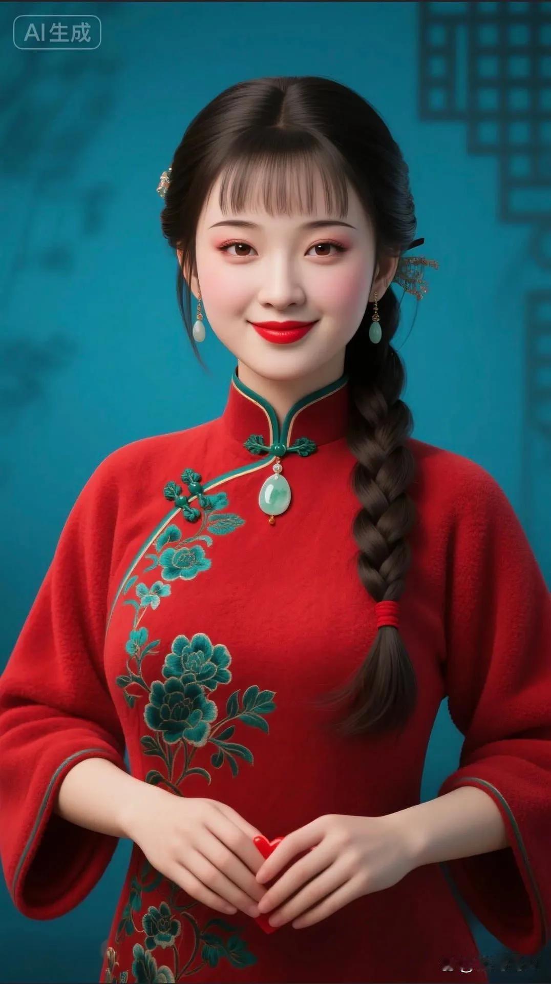 优雅古风美人，红衣绿花，温婉动人