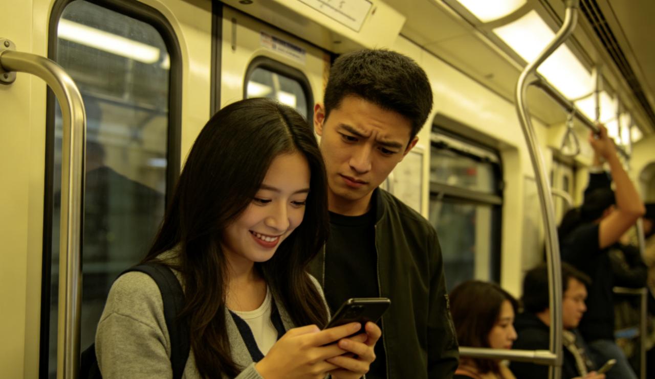 地铁上，一对情侣站在门口。女孩一直低头看手机，男孩时不时瞄她屏幕，欲言又止。